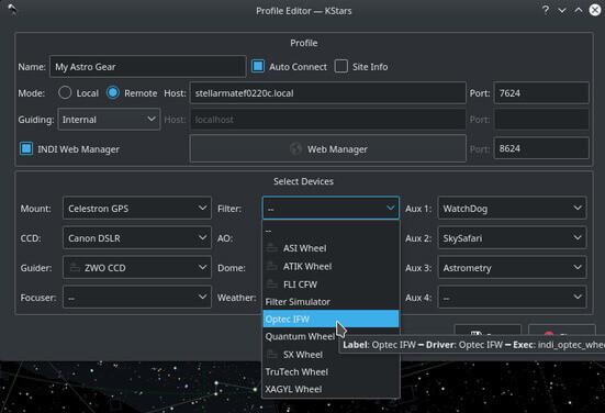 Wi-Fi Astrophotograph System Controller Equipment Profiles Screenshot